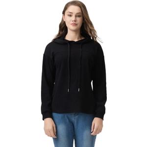 Waffle Hoodies for Woman: Knit Long Sleeve Drawstring Hooded Pullover Womens Oversized Thermal Lightweight Loose Sweatshirts Casual Athleisure Fall Trendy Black (Black, M)