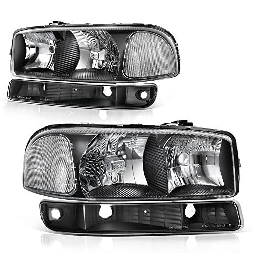 oEdRo Headlight Assembly Compatible with 1999 2000 2001 2002 2003 2004 2005 2006 GMC Sierra 1500 2500 3500/00-06 GMC Yukon Headlamp with Clear Lens Black Housing