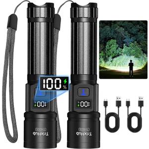 Rechargeable Flashlights 2 Pack, Super Bright High Lumens Flash Light, 5 Modes Zoomable Linternas with LCD Digital Display, Powerful Handheld LED Flashlights for Home Emergencies Camping (Black)