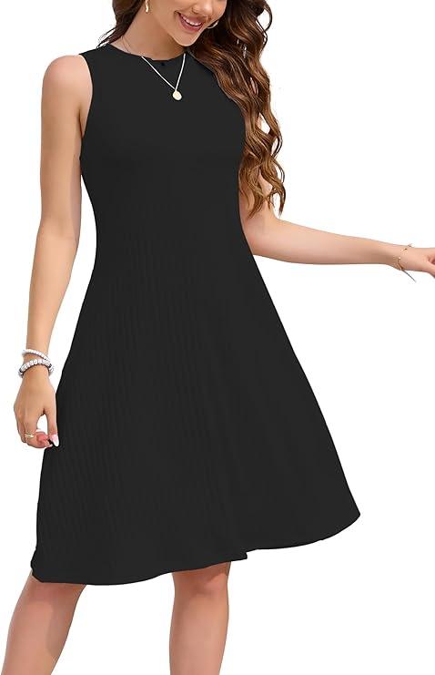 Nclook Womens Summer Casual Dresses Sweet Cute Crew Neck Midi Dress (Small, Black)