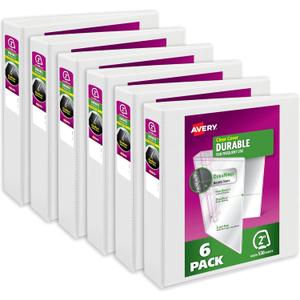 Avery Durable View 3 Ring Binders for Home, School Supplies, Office, or Organization Needs, 2" Slant Ring, 6 Pack White Binders (17032)