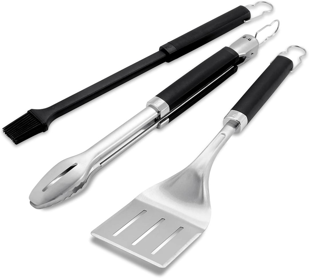 Weber Precision 3Piece Grilling Tool Set Stainless Steel Tongs, Spatula & Silicone Basting Brush with NonSlip Handles and HandsFree Locking