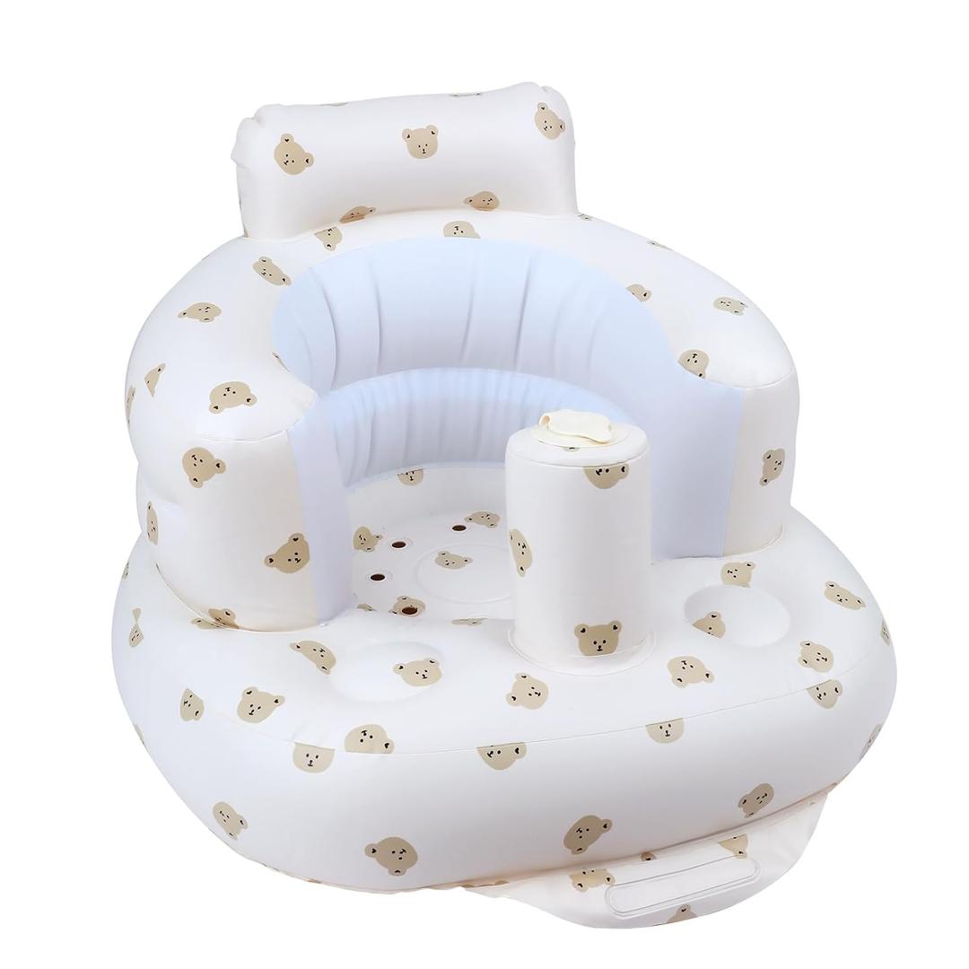 EKEPE Baby Inflatable Seat with Suction Cups for Babies 3 Months & Up, Baby Floor Seats for Sitting Up with Built in Air Pump, Blow Up Baby Chair for Infants - Bear Head (Beige)