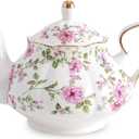 Flower Ceramic Teapot,22oz Porcelain Tea pot for Tea Coffee Milk for Office Home Men Women as Gift (White and big flowers)