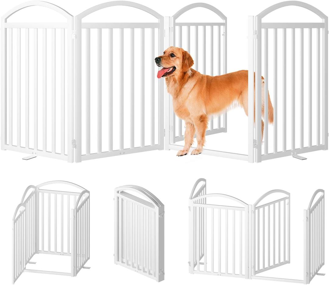 SNUOWU 4 Panles Full Matel Freestanding Dog Gates with Door, 96"Extra Wide 32"Tall Free Standing Dog Pet Gate for Indoor & Outdoor. Foldable Pet Fences for Doorways, House, Stairs, Porch, Deck, Yard 【4 Panels with Door】96"W*32H", White