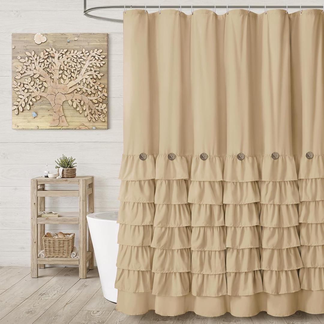 Ruffle Farmhouse Shower Curtain, Beige Vintage Shower Curtains for Bathroom Fabric Cute Rustic Cloth, 72" W X 72" L Inch