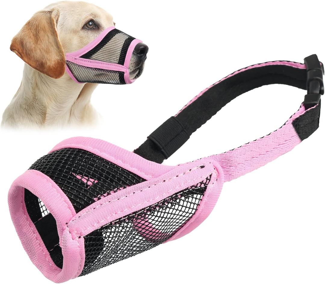 LUCKYPAW Dog Muzzle, Mesh Muzzle for Large Medium Dogs, Soft Mouth Cover to Prevent Biting Chewing, Drinkable Breathable Adjustable Puppy Mouth Guard(XXL, Pink) (XXL(Snout: 10"-11"))