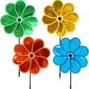 4PCS Flower Wind Spinner Sparkly Lawn Pinwheel 11.8 inch Colorful Green Yellow Orange Light Blue Garden Windmill for Garden, Party, Outdoor, Yard Decor