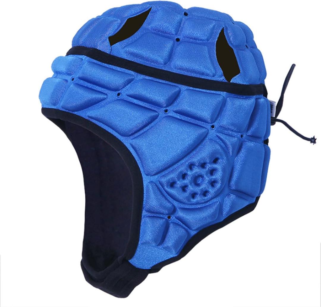 Soft Shell Rugby 7v7 Football Helmet Foam Padded Scrum Cap Headgear Autism Safety Bump Hat Head Support Protector Adjustable Flag Football Soccer Goalie Helmet for Youth Kids Adults (Medium, for Kids Teens Age 6-11, Blue)