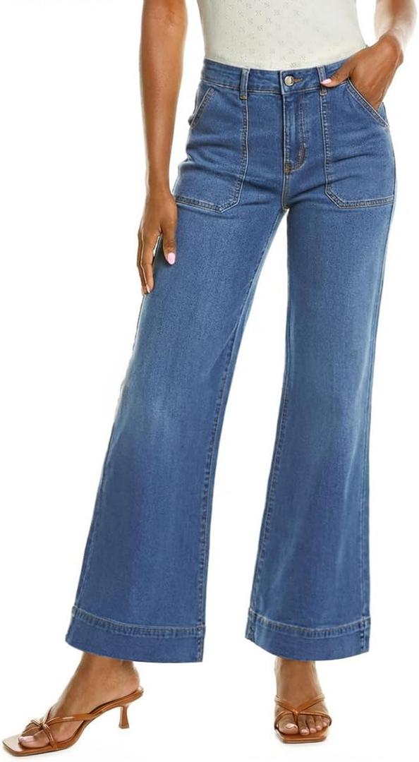 ZESICA Wide Leg Jeans for Women Trendy High Waisted Strechy Loose Straight Denim Pants with Pockets (Blue)
