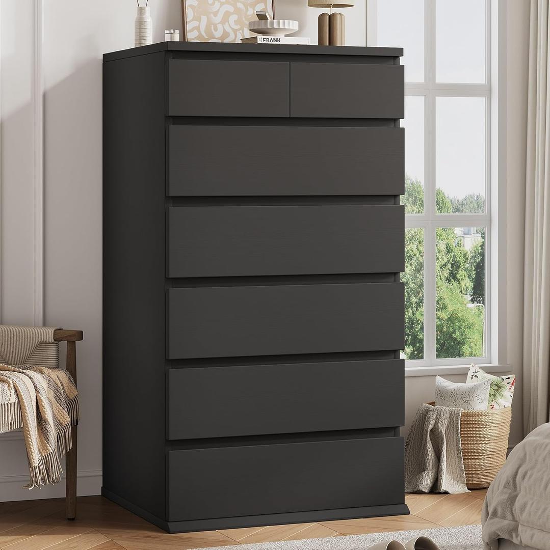 Black Tall 7 Drawer Dresser for Bedroom, Modern Wood Closet Dressers & Chests of Drawers with Jewelry Storage, 23.6" L*15.8" W*47.5" H in Large Vertical Dresser for Bedroom, Living Room, Nursery