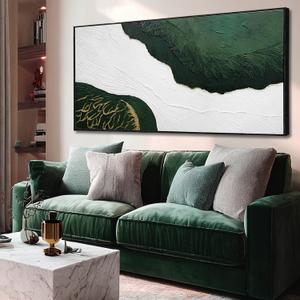 SOUGUAN Green Abstract Wall Art White Textured Minimalist Wall Decor Sage Green Gold Large Artwork Pictures Modern Canvas Prints for Living Room Hallway Fireplace Bedroom Home Office 24"x48"
