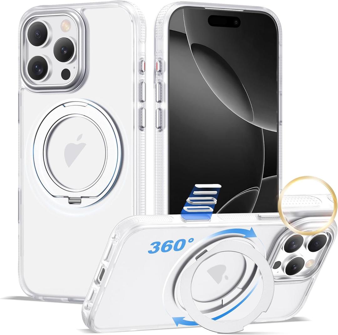 XIQI Compatible with iPhone 16 Pro Max Case 6.9'' with Magnetic 360 Rotatable Ring Stand & AI Camera Control Button[Compatible with Mag-Safe] Translucent Matte Phone Cover for Men Wowen,White