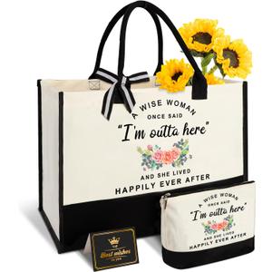 Retirement Tote Bag & Makeup Bag Set for Women - Funny Retirement Gifts for Coworker, Boss, Friend - White, 16.8"L x 12.4"H x 7.5"W