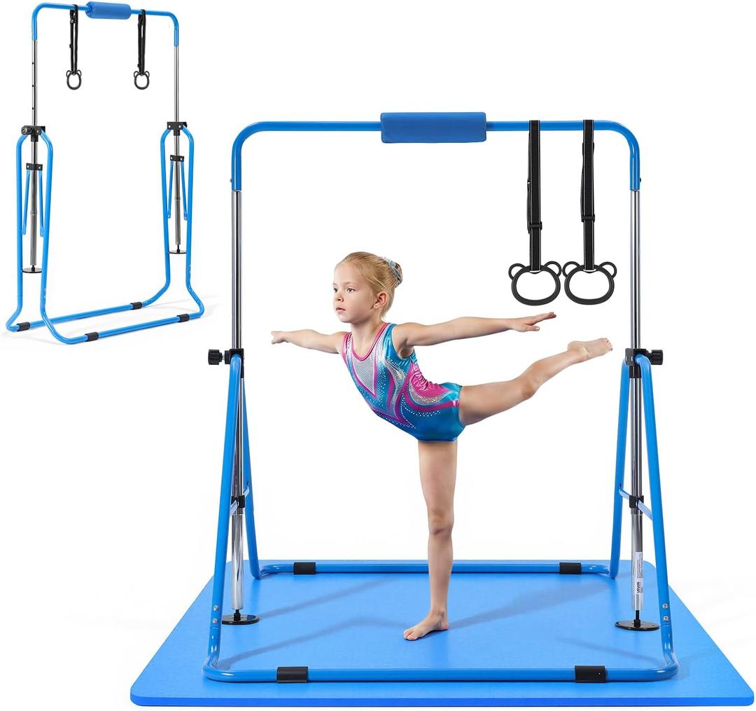 VEVOR Gymnastic Bars for Kids, 140 lbs Capacity Folding Training Kip Bar with Mat, Adjustable Height Gymnastic Horizontal Bar for Home, Training Equipment for Indoor Outdoor, Easy to Assemble