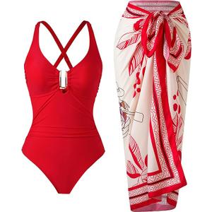 One Piece Swimsuit Women with Cover Up Set Retro Bathing Suit for Women Tummy Control Beach Wrap Skirt (Large)