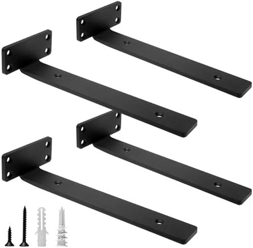 HITOMEN Heavy Duty Floating Shelf Brackets, 10-Inch (1/5'' Thick) Hidden Shelves Hardware, Iron L Brackets, Rustic Industrial Black Metal Wall Shelving Supports, Count of 3