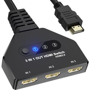 HDMI Switch 3 in 1 Out, 4K@60hz HDMI Splitter, 3 Way HDMI Switcher Supports Full HDCP2.2 1080P 3D Compatible with Roku Fire TV Stick HDTV PS4/PS5 Xbox One Chromecast, Compatible with Mac/Win/Linux