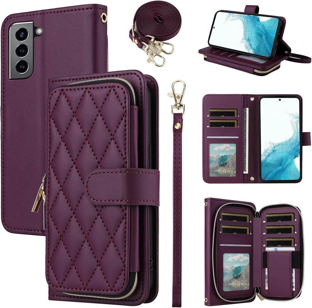 Wallet Case for Samsung Galaxy S21 Plus S21+ 5G with Wrist Strap 9+ Card Slots Zipper Purse, Luxury PU Leather Stand Full Body Phone Cover for S21+5G S21plus 21S + S 21 21+ G5 Women Deep Purple (Wine Red)