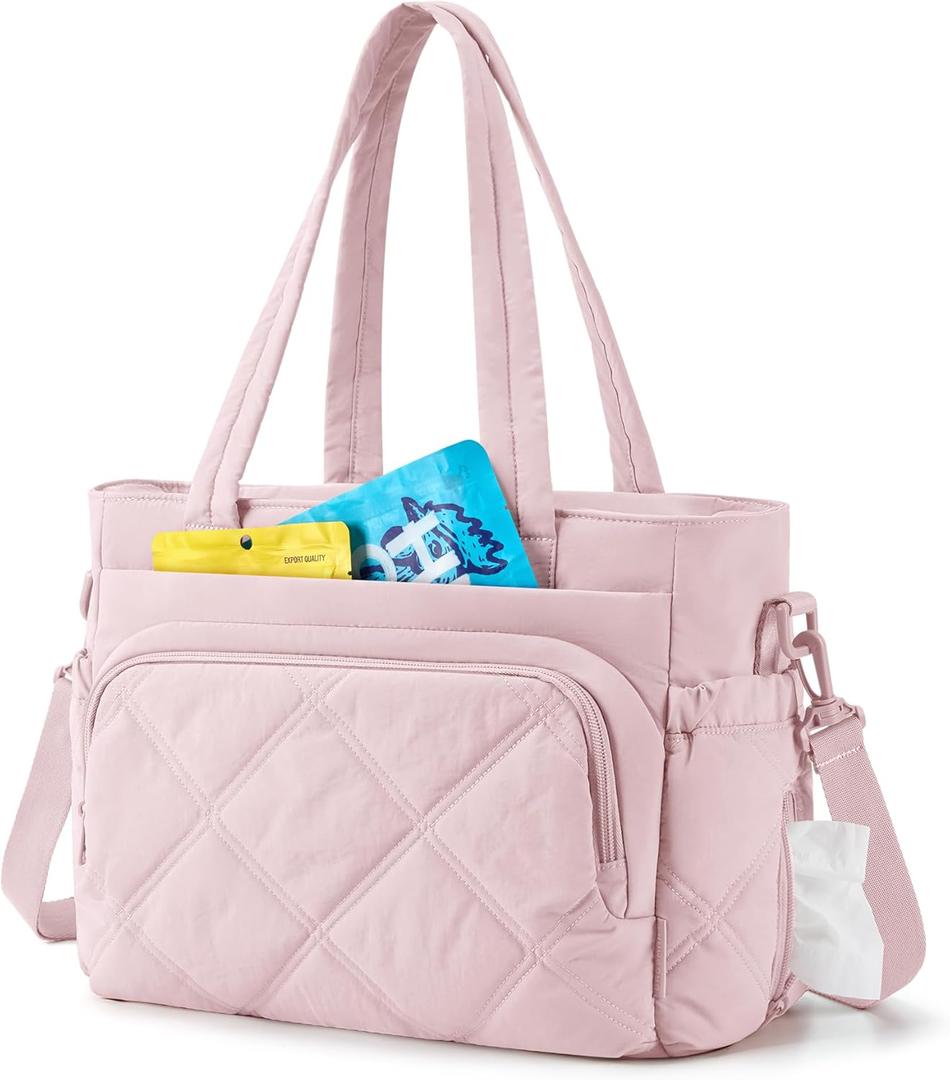 BAGSMART Lunch Bag Women Large Lunch Box Insulated Tote Bag with Multi-Pockets Quilted Puffy Tote for Work, Outdoors (06-Baby Pink)