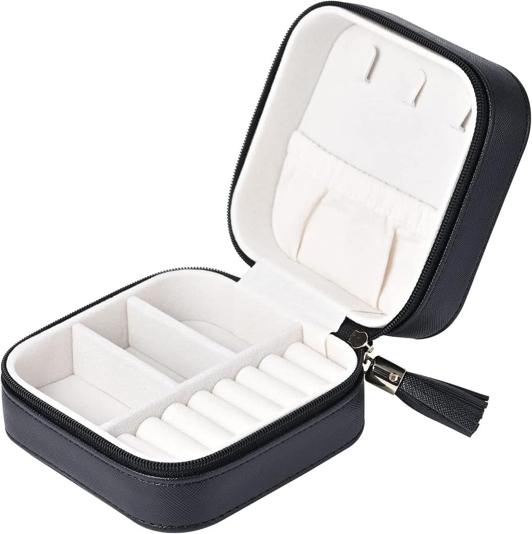 Luxury Leather Travel Jewelry Box for Women Mini Organizer Small Jewelry Portable Travel Case for Rings Earrings Necklace Multifunctional Storage Wedding Bridesmaids Women Wife Daughter Gift (BLACK)