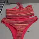 ZAFUL Women Strapless Textured Bandeau Bikini 2 Piece Swimwear Cheeky Solid Lace up Bathing Suits (Medium, Rose Red)