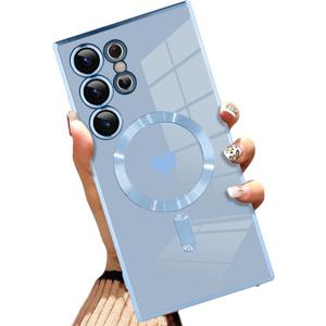 AIGOMARA Magnetic Case for Samsung Galaxy S24 Ultra [Wireless Charging Compatible] Heart Design Soft TPU Electroplated Phone Cover Anti-Scratch Shockproof Case for Women - Blue