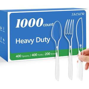 SACATR 1000 Count Plastic Silverware Heavy Duty -400 Forks,400 Forks,200 Knives,BPA-Free,Heat Resistant Disposable Plastic Spoons Bulk, Premium Cutlery for Parties, Events and Everyday Use