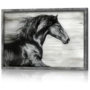 Running Horse Wall Art Framed - Black White Wildlife Prints Wild Animal Portrait Picture Painting Wooden Artwork Decor for Living Room (36L" x 24W")