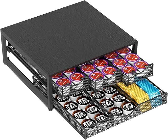 Coffee Pod Holder For Counter, 3 PullOut 72 KCup Holder Drawer, Wooden Cafe Pods Storage Organizer with Sliding Drawers for Coffee Station, Home, Kitchen, Office, Dorm (Black)