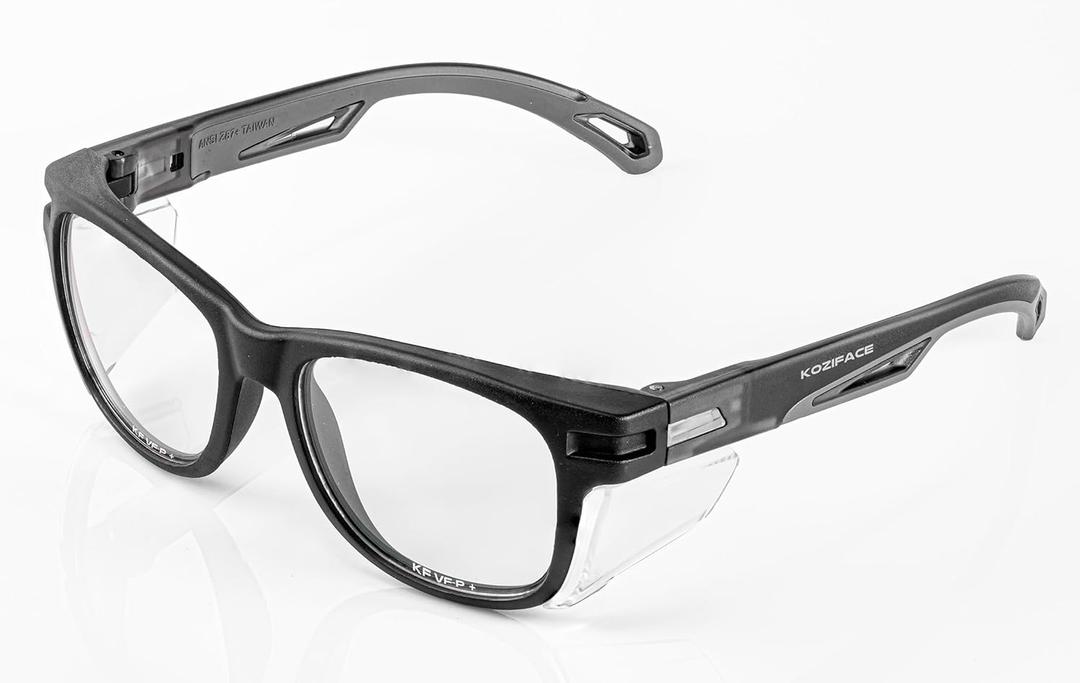 Koziface E52 Safety Glasses for Men and Women Stylish Black Light Work Protective Glasses Anti Fog Scratch Resistant with Side Shields Clear Lens No Slip Grips ANSI Z87.1 Certified Indoor/Outdoor