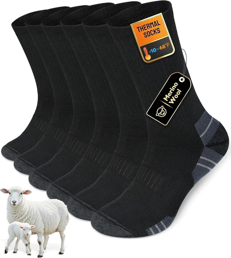 Merino Wool Hiking Crew Socks, Thick Thermal Warm Winter Cushioned Sock For Men & Women, Moisture-Wicking 3 Pairs (Black)
