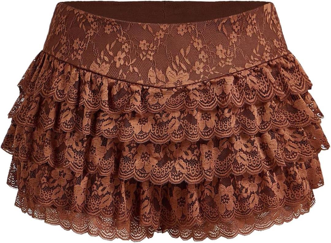 MakeMeChic Women's Plus Size Ruffle Shorts Floral Layered Lace Lolita Elastic Waist Pumpkin Short (X-Large Plus, Brown)