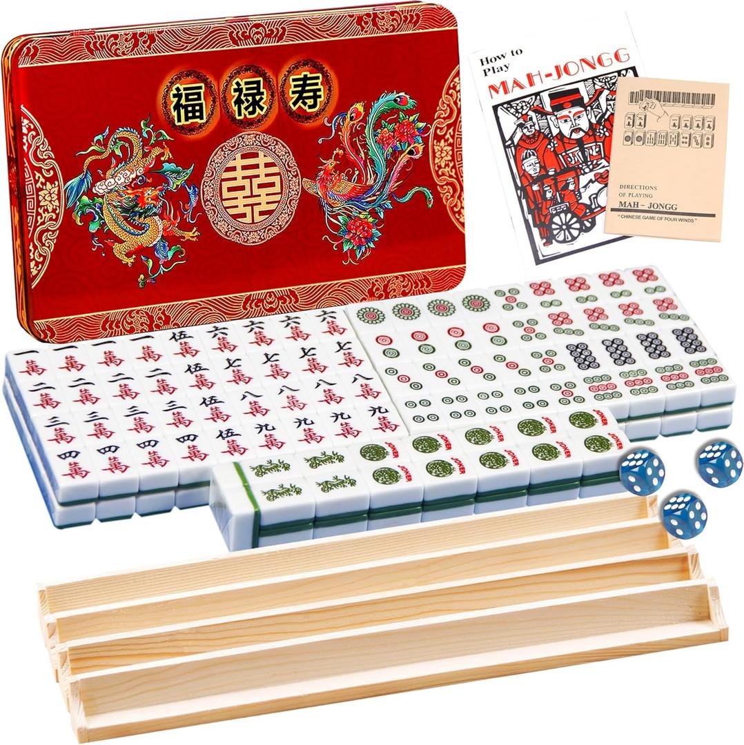 American Mahjong Set 24MM Green Small Mahjong Set Consists of 174 Tiles, Mahjong Box, 4 Mahjong Rack, Game Manual and 3 Dice