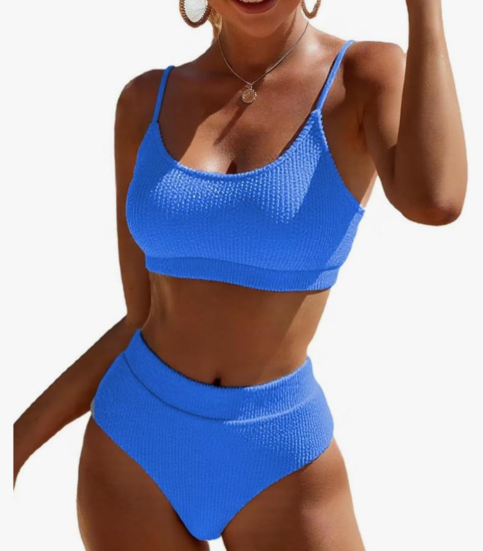 Fanuerg Women's Ribbed High Waisted Bikini Sets Scoop Neck Two Piece Swimsuits Spaghetti Strap Textured Bathing Suit, M