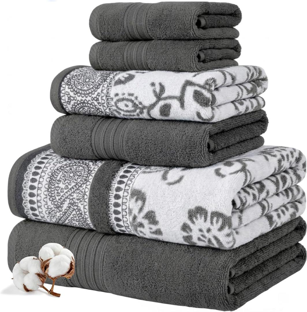Modern Threads Floral Trail 6-Piece 100% Cotton Towel Set  Reversible Yarn Dyed Jacquard  Includes 2 Bath Towels, 2 Hand Towels, 2 Washcloths  Absorbent, Quick Dry, Soft & Durable  Gray