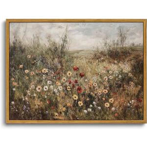 OIQArtOIQ Vintage Wildflowers Landscape Wall Art Framed Floral Natural Scenery Oil Painting Canvas Prints Country Farmhouse Fall Decor Pictures Kitchen Bedroom Living Room Bathroom (16x24 in)