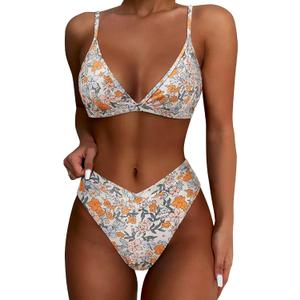 SUUKSESS Women Triangle High Cut Bikini Sets Sexy High Waisted 2 Piece Swimsuit (Medium, 57 Yellow Floral)