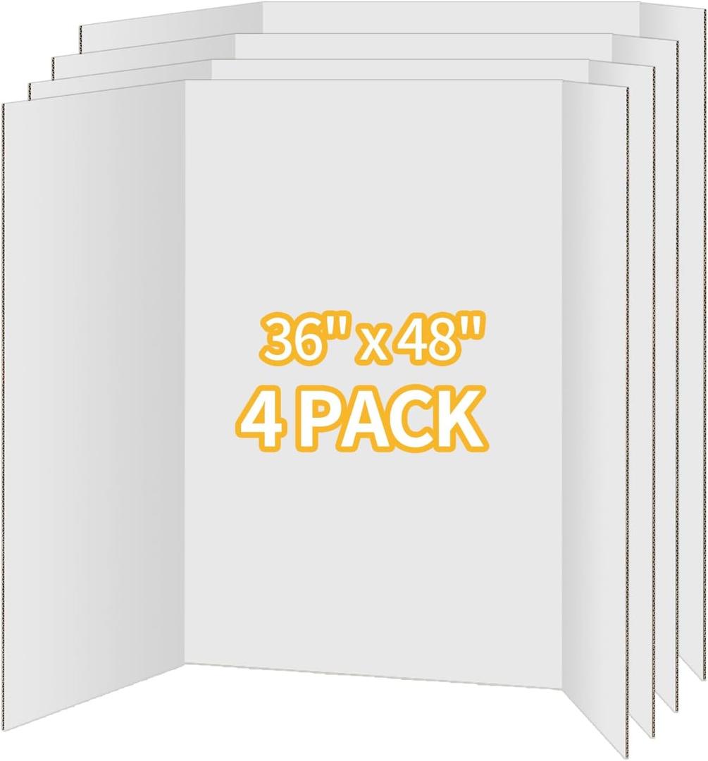4 Pack Trifold Poster Board 36"x48" - White Foldable Corrugated Display Board, Tri fold Presentation Board, Extra Large Project Boards for School Projects, Science Fair, Graduation Exhibitions