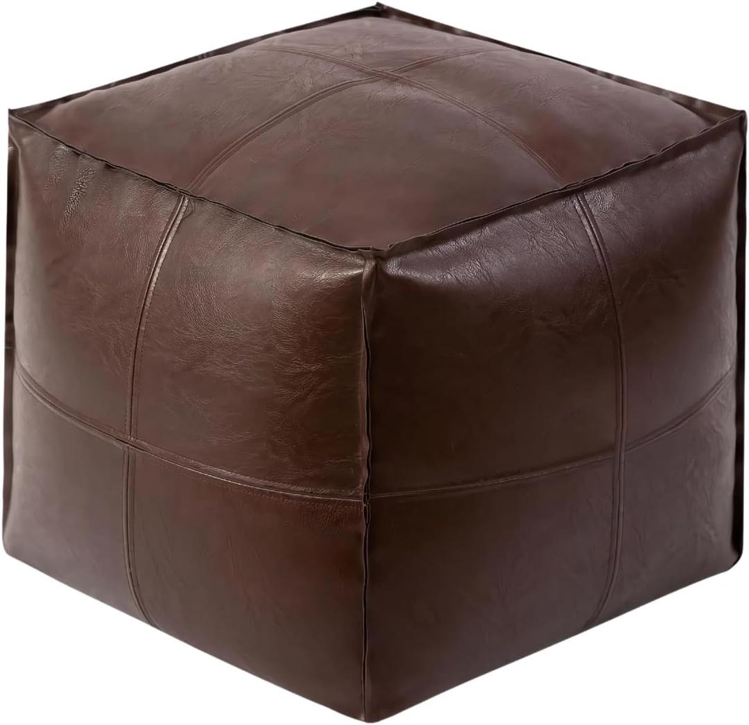 Pouf Ottoman - Unstuffed Handmade Faux PU Leather Moroccan Style, Eco-Friendly Pouf Cover with Storage Potential, Foot Rest for Living Room, Floor Chair Gifts for Men & Women (Coffee Brown)