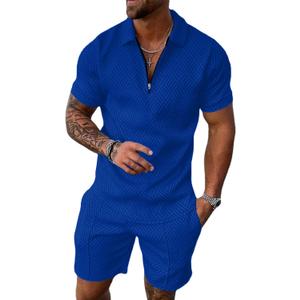 Aulemen Mens 2 Piece Zip Tracksuit Short Sleeve Print Polo Shirt and Shorts Sets Summer Outfits for Men (Small, Navy)