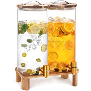 2 Pack 2 Gallon Large Drink Dispenser with Wooden Stand, Glass Beverage Dispenser with Stainless Steel Spigot, Water Drink Dispensers for Lemonade, Juice, Cocktails, Tea, and Party Drinks