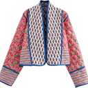 Wyeysyt Women's Cropped Puffer Quilted Jacket Cardigan Floral Printed Lightweight Long Sleeve Open Front Short Padded Coats (Large, 03red)