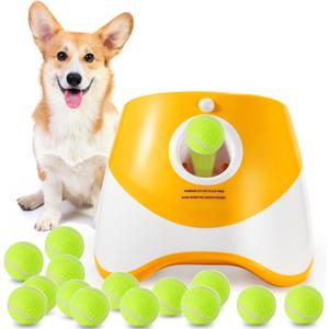 Automatic Dog Ball Launcher With 15 Mini Tennis Balls and Mesh Bag - Interactive Toy Thrower for Small Dogs, 3 Distance Settings (Orange)