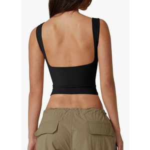QINSEN Women's Sexy Open Back Sleeveless Crop Tank High Neck Slim Fit Cropped Tee Shirt Y2k Tops (S, Black)