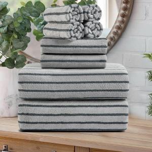 Oliven 8 Pcs Gray Cabana Stripe Bath Towel Set Oversize Bath Sheet-2 Bathroom Towels,2 Hand Towels,4 Washcloths Soft Jumbo Towels Absorbent Shower Towel Quick Dry Beach Chair Towel for Spa Gym Hotel (Grey)