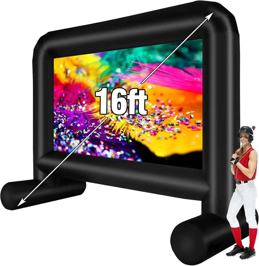 16 Feet Inflatable Movie Screen Outdoor, Inflatable Projector Screen with Blower Carry Bag - Supports Front and Rear Projection Blow Up Screen for Backyard Movie Night Pool Party