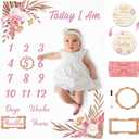 Floral Baby Milestone Blanket for Girls, Boho Baby Monthly Milestone Blanket Growth Photo Blankets with Bow Headband, Frames, Wooden Signs