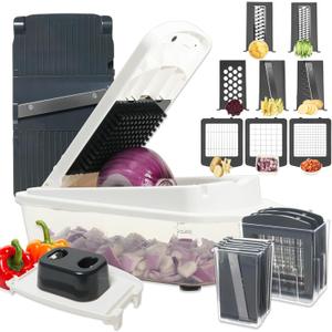 8-in-1 Vegetable Chopper with Container - Veggie Onion Salad Chopper, Mandoline Slicer, French Fry Cutter, Kitchen Gadgets with Cleaning Tools (White)