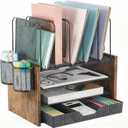 AUPSEN Desk Organizer Shelf, 4-Tier Mesh Wood Desktop Bookshelf File Organizer with 5 Vertical File Holders, Storage Drawer & 2 Pen Holders, Office Supplies Storage for Workspace Organizers